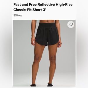 Lululemon Fast & Free Reflective High-Rise Classic- Fit Short 3”